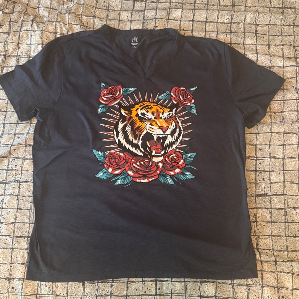 INC International Concepts Black Tee with Tiger and Rose Design
